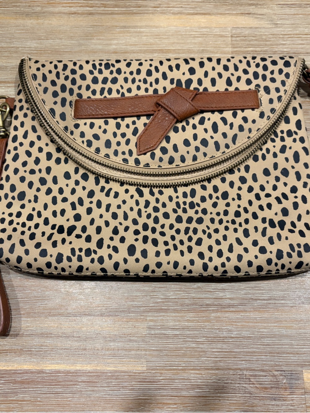 Universal Thread Beige Leopard-Spot Wristlet Clutch with Brown Trim